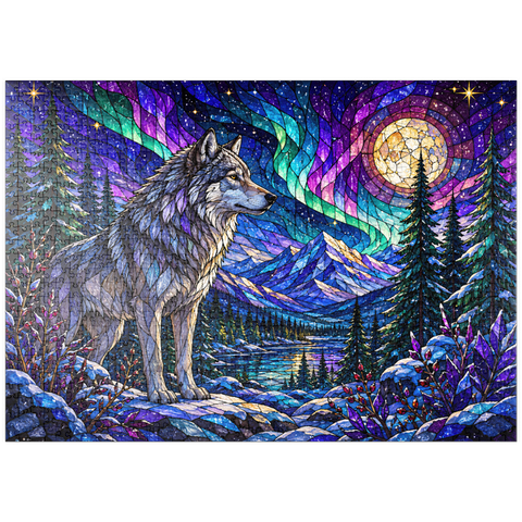 Darstellung des Puzzle Motivs Buntglas-Wolf im Aurora-Wald puzzleplate Stained Glass Wolf Aurora Forest 1000 Puzzle