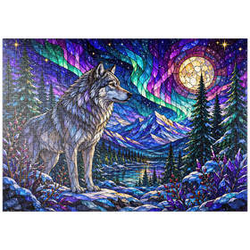 Darstellung des Puzzle Motivs Buntglas-Wolf im Aurora-Wald - Puzzleteile: 1000