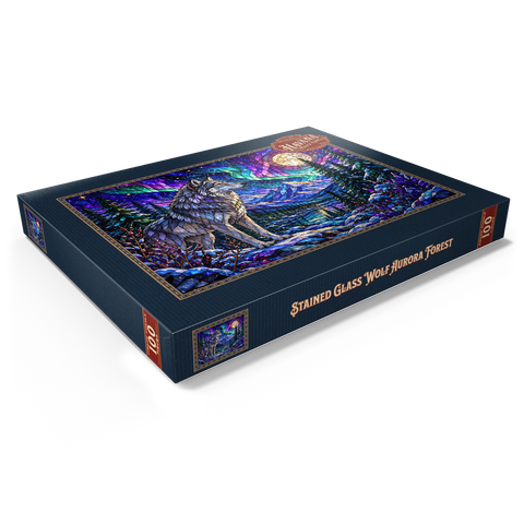 Darstellung des Puzzle Motivs Buntglas-Wolf im Aurora-Wald Stained Glass Wolf Aurora Forest 100 Puzzle Schachtel Ansicht1