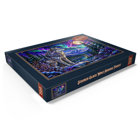 Darstellung des Puzzle Motivs Buntglas-Wolf im Aurora-Wald Stained Glass Wolf Aurora Forest 200 Puzzle Schachtel Ansicht1