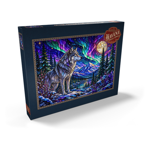 Darstellung des Puzzle Motivs Buntglas-Wolf im Aurora-Wald Stained Glass Wolf Aurora Forest 200 Puzzle Schachtel Ansicht2
