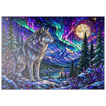 Darstellung des Puzzle Motivs puzzleplate Stained Glass Wolf Aurora Forest 200 Puzzle