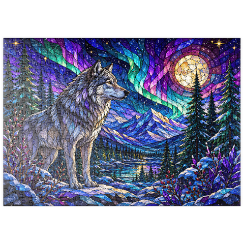 Darstellung des Puzzle Motivs Buntglas-Wolf im Aurora-Wald puzzleplate Stained Glass Wolf Aurora Forest 500 Puzzle