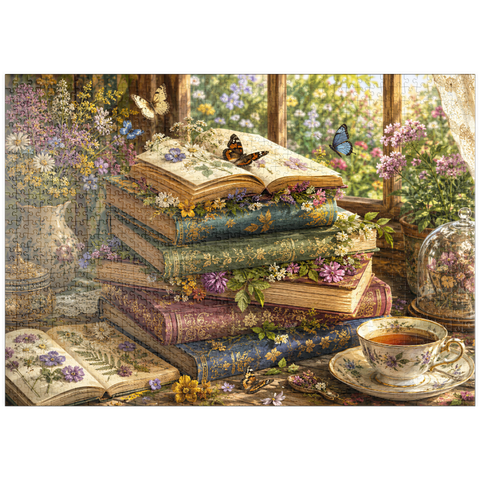 Darstellung des Puzzle Motivs Ein Stapel Vintage-Bücher über Wildblumen puzzleplate Vintage Wildflower Book Stack 1000 Puzzle