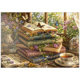 Darstellung des Puzzle Motivs Ein Stapel Vintage-Bücher über Wildblumen - Puzzleteile: 1000