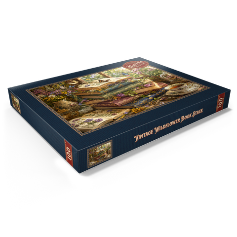 Darstellung des Puzzle Motivs Ein Stapel Vintage-Bücher über Wildblumen Vintage Wildflower Book Stack 100 Puzzle Schachtel Ansicht1