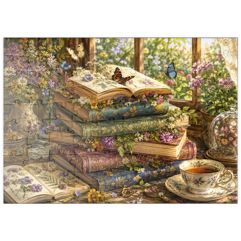Darstellung des Puzzle Motivs Ein Stapel Vintage-Bücher über Wildblumen puzzleplate Vintage Wildflower Book Stack 100 Puzzle