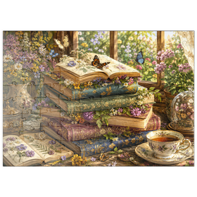 Darstellung des Puzzle Motivs Ein Stapel Vintage-Bücher über Wildblumen - Puzzleteile: 100