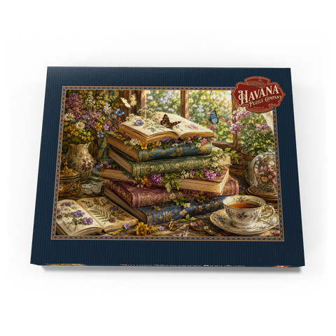 Darstellung des Puzzle Motivs Ein Stapel Vintage-Bücher über Wildblumen Vintage Wildflower Book Stack 200 Puzzle Schachtel Ansicht3