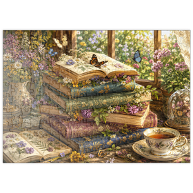 Darstellung des Puzzle Motivs Ein Stapel Vintage-Bücher über Wildblumen - Puzzleteile: 200