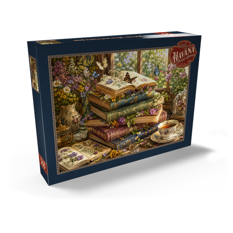 Darstellung des Puzzle Motivs Ein Stapel Vintage-Bücher über Wildblumen Vintage Wildflower Book Stack 500 Puzzle Schachtel Ansicht2
