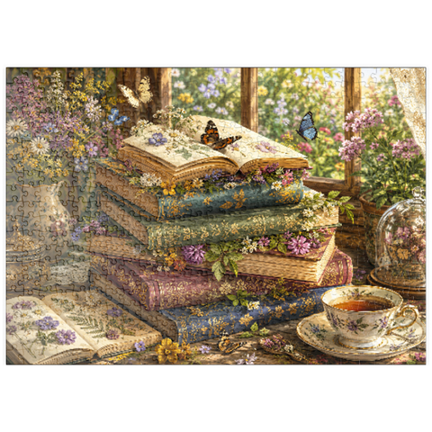 Darstellung des Puzzle Motivs Ein Stapel Vintage-Bücher über Wildblumen puzzleplate Vintage Wildflower Book Stack 500 Puzzle