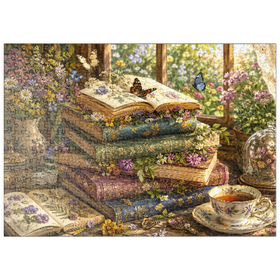 Darstellung des Puzzle Motivs Ein Stapel Vintage-Bücher über Wildblumen - Puzzleteile: 500
