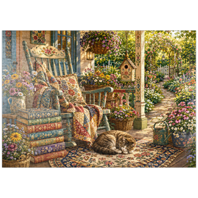 Darstellung des Puzzle Motivs Wildflower Cottage – Bücherveranda - Puzzleteile: 1000