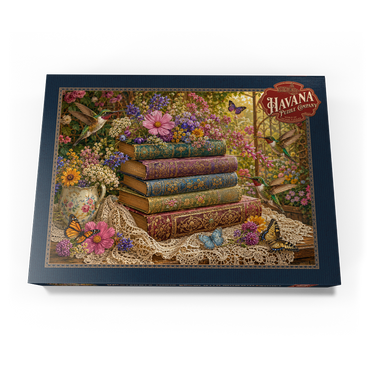 Darstellung des Puzzle Motivs Wildflower Book Stack with Hummingbirds 1000 Puzzle Schachtel Ansicht3