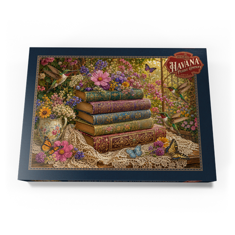 Darstellung des Puzzle Motivs Ein Stapel Bücher mit Wildblumen und Kolibris Wildflower Book Stack with Hummingbirds 1000 Puzzle Schachtel Ansicht3