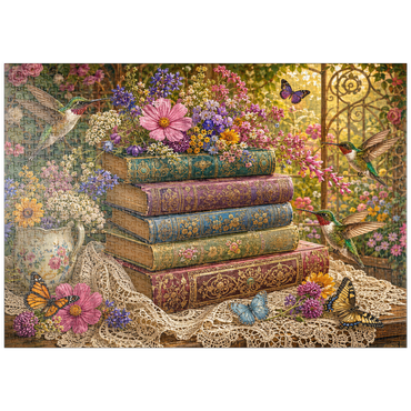 Darstellung des Puzzle Motivs puzzleplate Wildflower Book Stack with Hummingbirds 1000 Puzzle