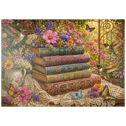 Darstellung des Puzzle Motivs Ein Stapel Bücher mit Wildblumen und Kolibris puzzleplate Wildflower Book Stack with Hummingbirds 1000 Puzzle