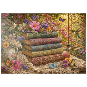 Darstellung des Puzzle Motivs Ein Stapel Bücher mit Wildblumen und Kolibris - Puzzleteile: 1000