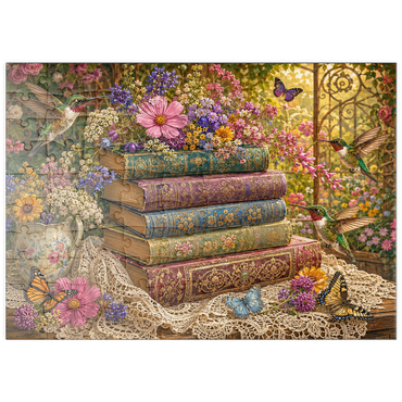 Darstellung des Puzzle Motivs puzzleplate Wildflower Book Stack with Hummingbirds 100 Puzzle
