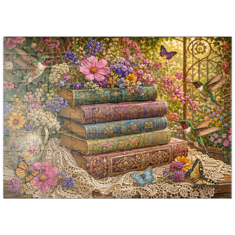 Darstellung des Puzzle Motivs Ein Stapel Bücher mit Wildblumen und Kolibris puzzleplate Wildflower Book Stack with Hummingbirds 100 Puzzle