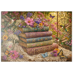 Darstellung des Puzzle Motivs Ein Stapel Bücher mit Wildblumen und Kolibris - Puzzleteile: 100
