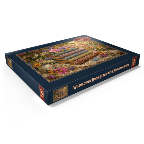 Darstellung des Puzzle Motivs Ein Stapel Bücher mit Wildblumen und Kolibris Wildflower Book Stack with Hummingbirds 200 Puzzle Schachtel Ansicht1