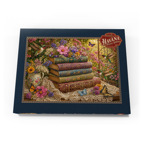 Darstellung des Puzzle Motivs Ein Stapel Bücher mit Wildblumen und Kolibris Wildflower Book Stack with Hummingbirds 200 Puzzle Schachtel Ansicht3