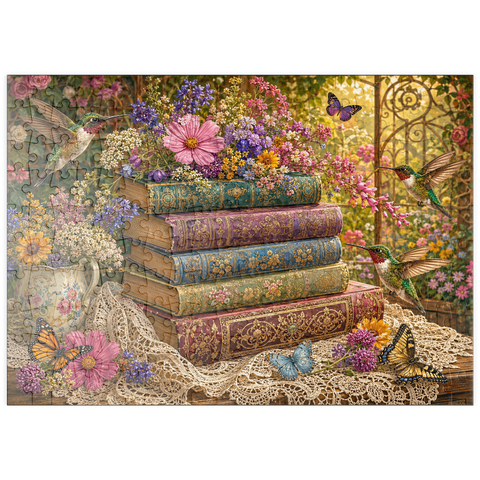 Darstellung des Puzzle Motivs Ein Stapel Bücher mit Wildblumen und Kolibris puzzleplate Wildflower Book Stack with Hummingbirds 200 Puzzle