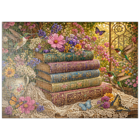 Darstellung des Puzzle Motivs Ein Stapel Bücher mit Wildblumen und Kolibris - Puzzleteile: 200