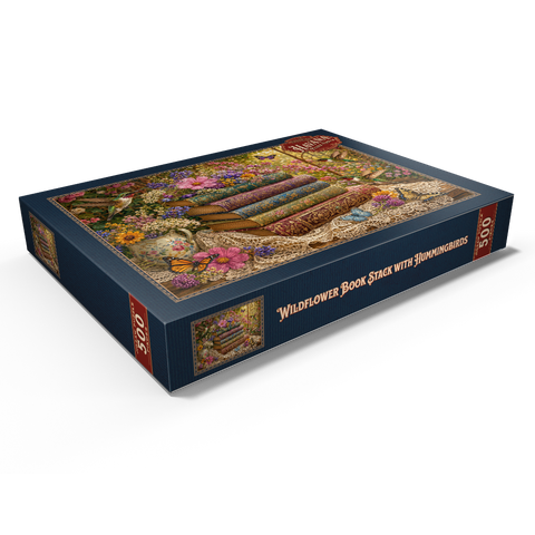 Darstellung des Puzzle Motivs Ein Stapel Bücher mit Wildblumen und Kolibris Wildflower Book Stack with Hummingbirds 500 Puzzle Schachtel Ansicht1