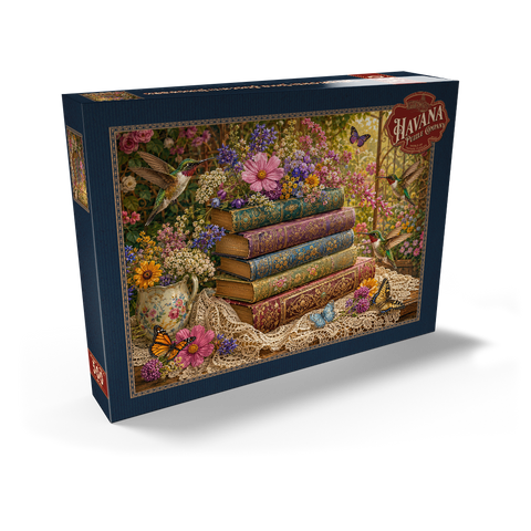 Darstellung des Puzzle Motivs Ein Stapel Bücher mit Wildblumen und Kolibris Wildflower Book Stack with Hummingbirds 500 Puzzle Schachtel Ansicht2