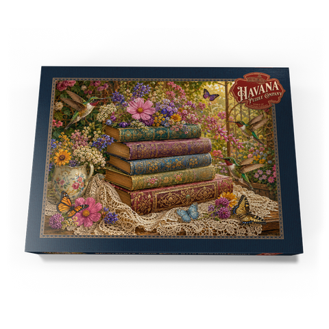 Darstellung des Puzzle Motivs Ein Stapel Bücher mit Wildblumen und Kolibris Wildflower Book Stack with Hummingbirds 500 Puzzle Schachtel Ansicht3