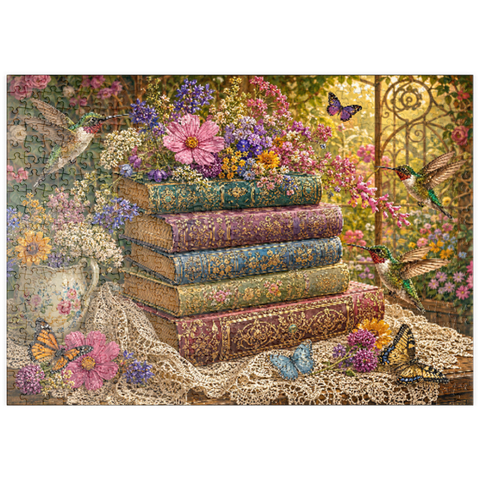 Darstellung des Puzzle Motivs Ein Stapel Bücher mit Wildblumen und Kolibris puzzleplate Wildflower Book Stack with Hummingbirds 500 Puzzle