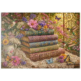 Darstellung des Puzzle Motivs Ein Stapel Bücher mit Wildblumen und Kolibris - Puzzleteile: 500