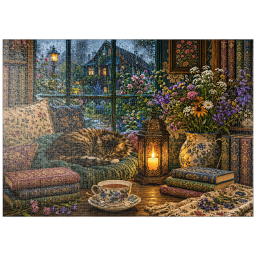 Darstellung des Puzzle Motivs puzzleplate Wildflower Book Nook Rainy Day 1000 Puzzle