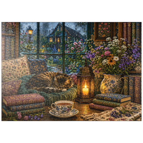 Darstellung des Puzzle Motivs Wildflower-Leseecke – Regentag puzzleplate Wildflower Book Nook Rainy Day 1000 Puzzle