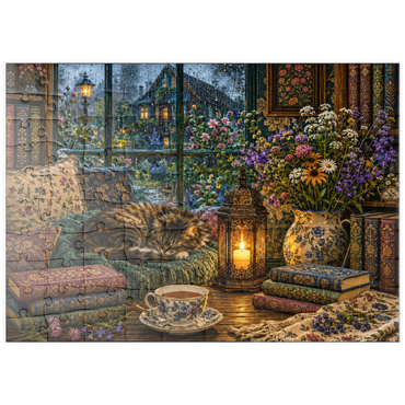 Darstellung des Puzzle Motivs puzzleplate Wildflower Book Nook Rainy Day 100 Puzzle