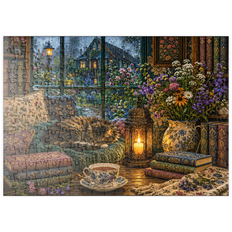 Darstellung des Puzzle Motivs Wildflower-Leseecke – Regentag puzzleplate Wildflower Book Nook Rainy Day 200 Puzzle