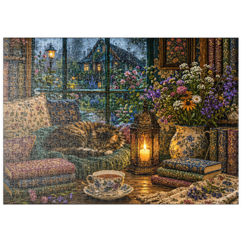 Darstellung des Puzzle Motivs Wildflower-Leseecke – Regentag puzzleplate Wildflower Book Nook Rainy Day 500 Puzzle