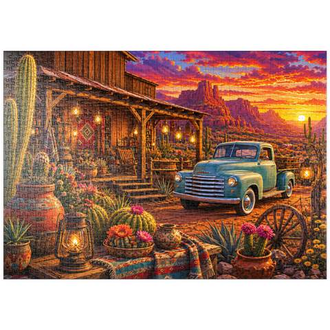 Darstellung des Puzzle Motivs Sonnenuntergang am Western Desert Trading Post puzzleplate Western Desert Trading Post Sunset 1000 Puzzle