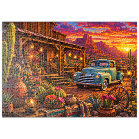 Darstellung des Puzzle Motivs Sonnenuntergang am Western Desert Trading Post puzzleplate Western Desert Trading Post Sunset 500 Puzzle