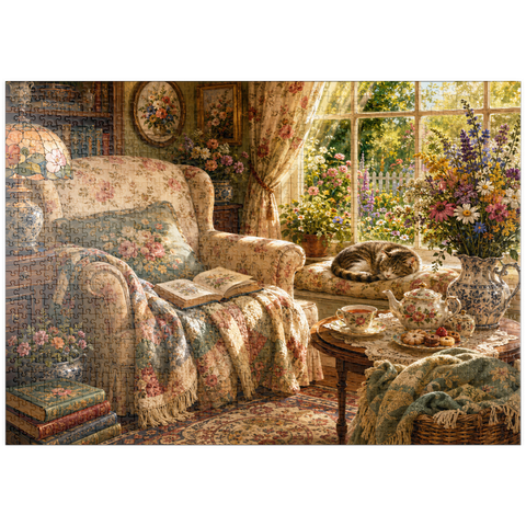 Darstellung des Puzzle Motivs Lesenecke im Vintage-Wildblumen-Stil puzzleplate Vintage Wildflower Reading Nook 1000 Puzzle