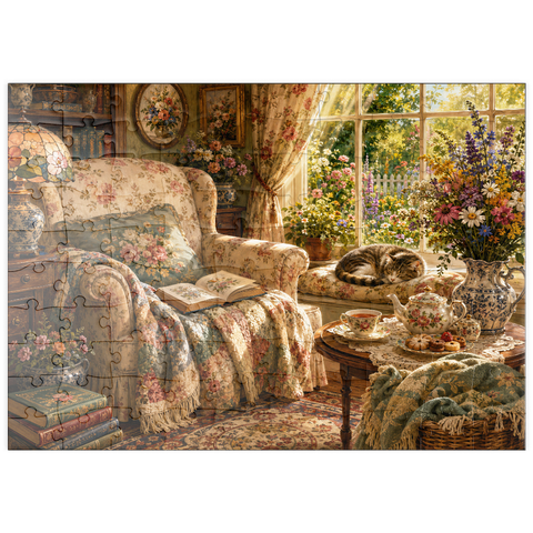 Darstellung des Puzzle Motivs Lesenecke im Vintage-Wildblumen-Stil puzzleplate Vintage Wildflower Reading Nook 100 Puzzle