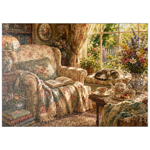 Darstellung des Puzzle Motivs Lesenecke im Vintage-Wildblumen-Stil puzzleplate Vintage Wildflower Reading Nook 500 Puzzle