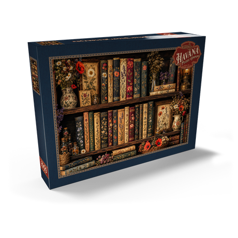 Darstellung des Puzzle Motivs Regal im Vintage-Stil mit literarischen Wildblumen Vintage Literary Wildflower Shelf 1000 Puzzle Schachtel Ansicht2