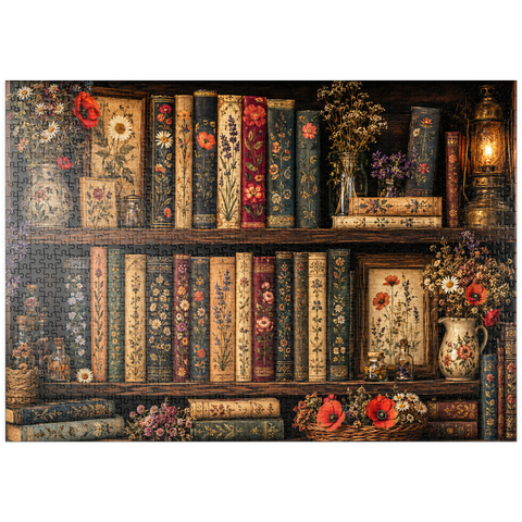 Darstellung des Puzzle Motivs Regal im Vintage-Stil mit literarischen Wildblumen puzzleplate Vintage Literary Wildflower Shelf 1000 Puzzle