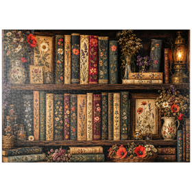 Darstellung des Puzzle Motivs Regal im Vintage-Stil mit literarischen Wildblumen - Puzzleteile: 1000