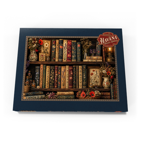 Darstellung des Puzzle Motivs Regal im Vintage-Stil mit literarischen Wildblumen Vintage Literary Wildflower Shelf 100 Puzzle Schachtel Ansicht3