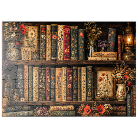 Darstellung des Puzzle Motivs Regal im Vintage-Stil mit literarischen Wildblumen puzzleplate Vintage Literary Wildflower Shelf 100 Puzzle